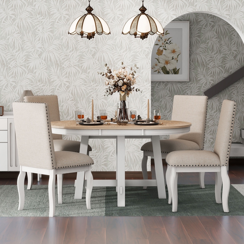 5 Piece Wood Round Extendable Dining Table with 4 Upholstered Dining Chairs