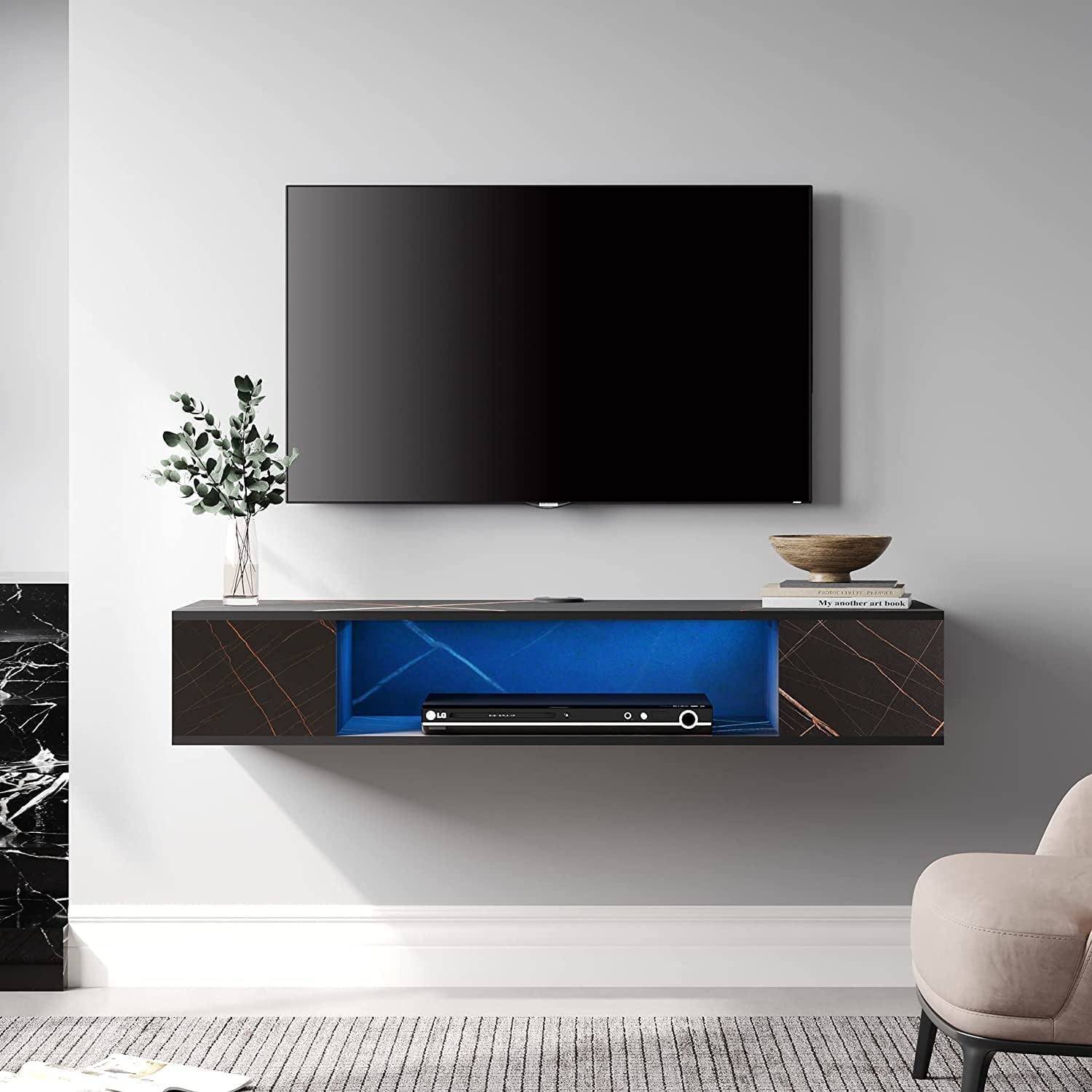 Floating Black TV Stand with Blue LED Lights, Wall Mounted Entertainment Center Shelf, Media Console Component Under TV