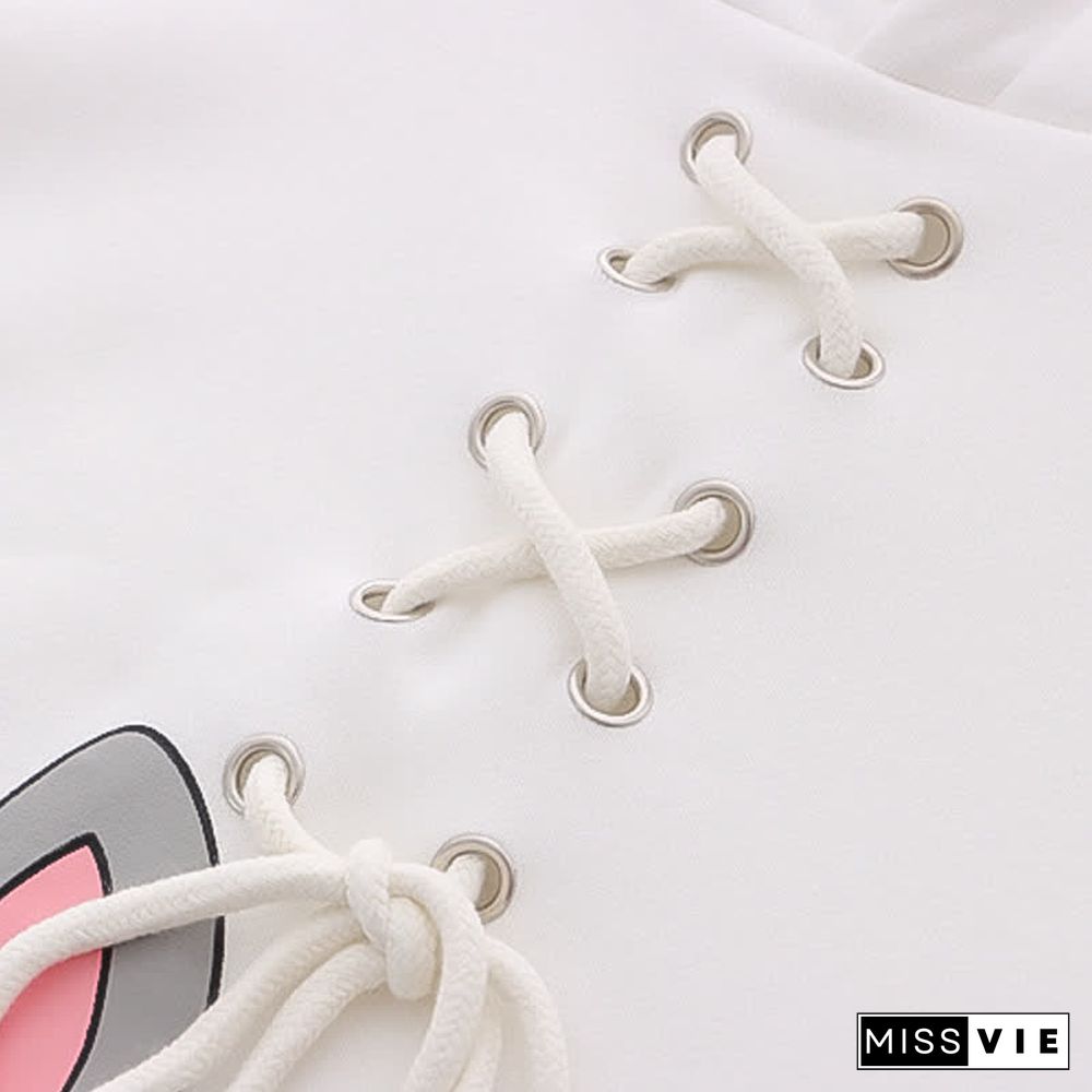 Cartoon Rabbit Print Lace Up Loose Plush Hoodie