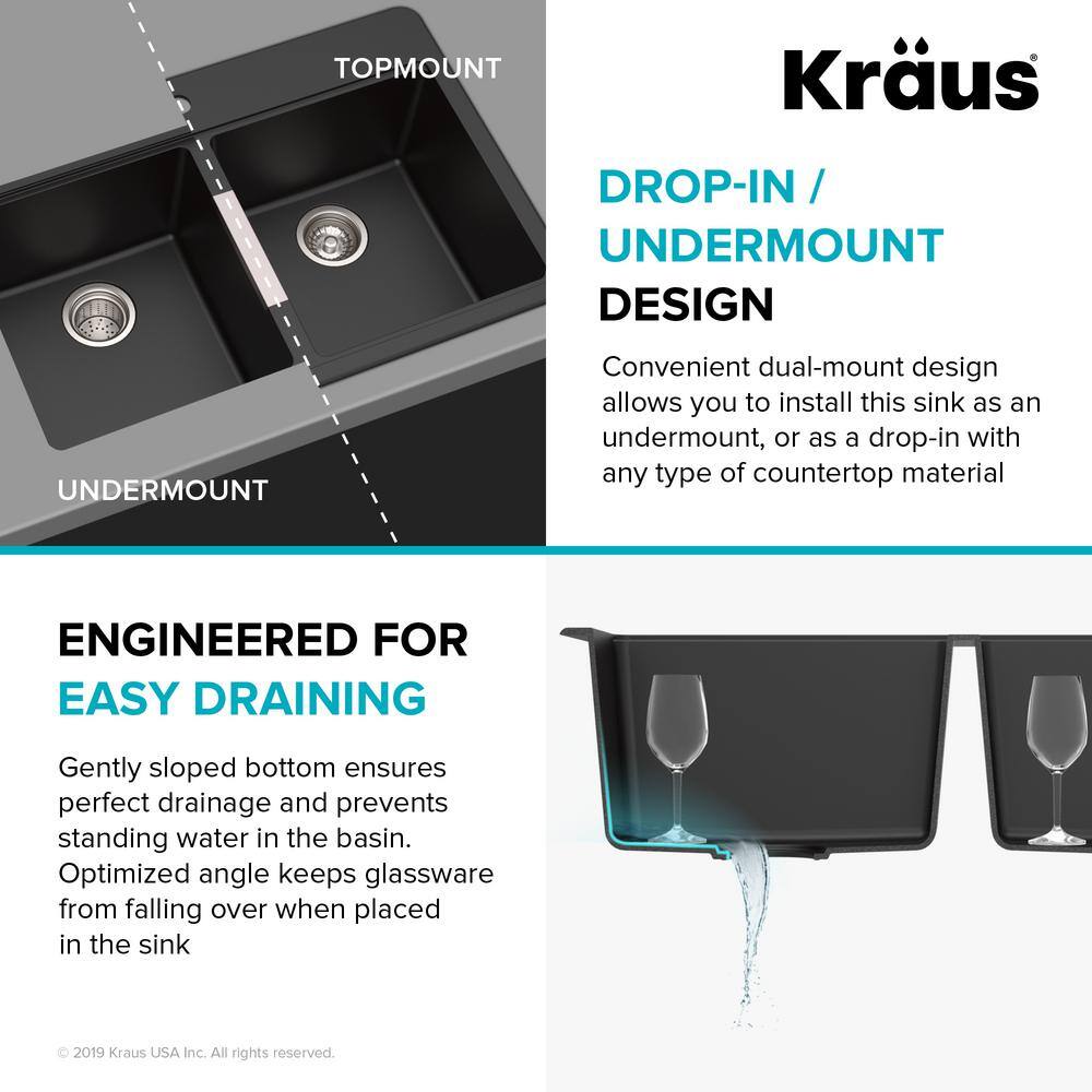 KRAUS Quarza Black Onyx 33 Inch Drop-in  Undermount 5050 Double Bowl Granite Kitchen Sink KGD-433B