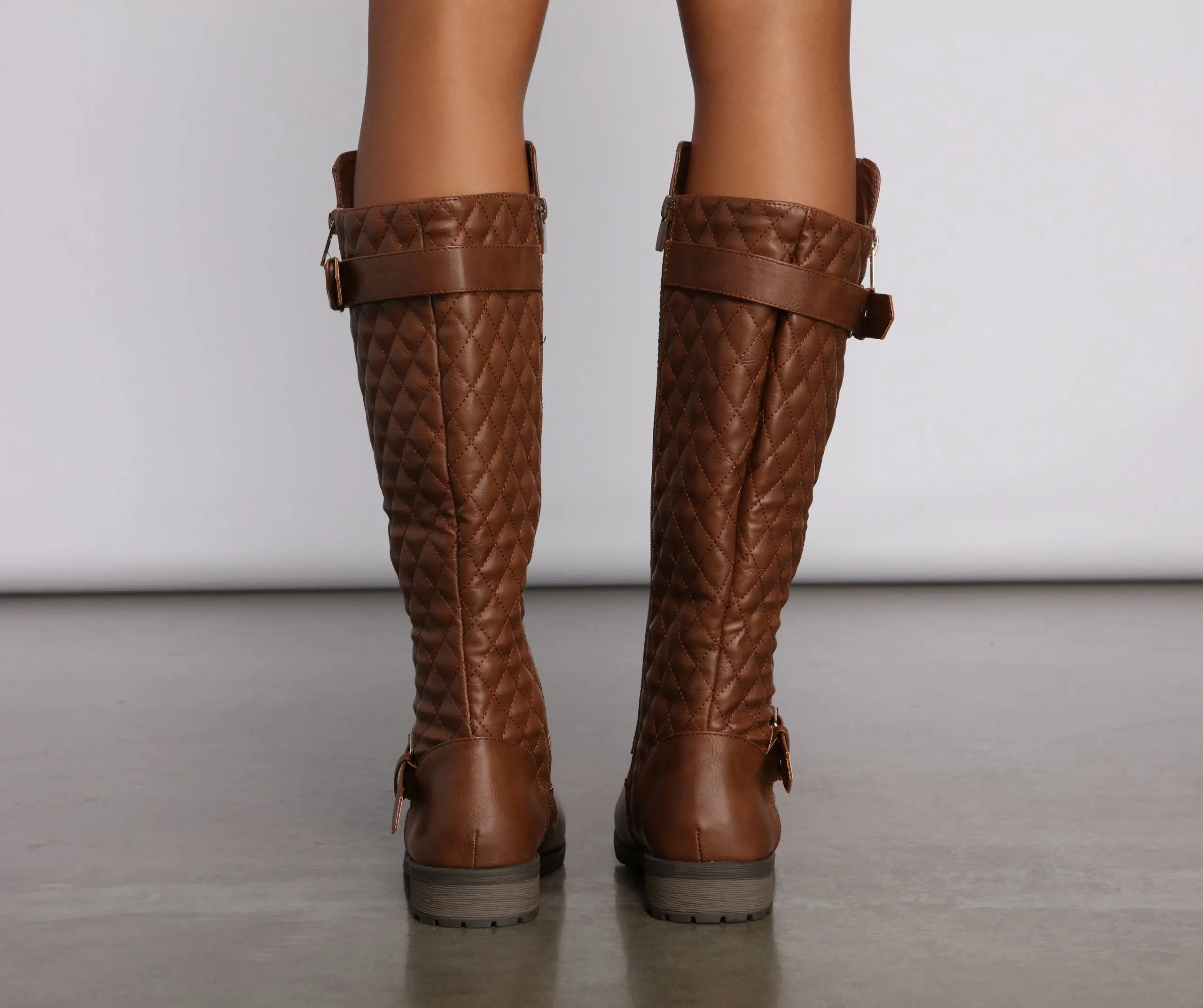 Quilted Faux Leather Buckle Detail Boots
