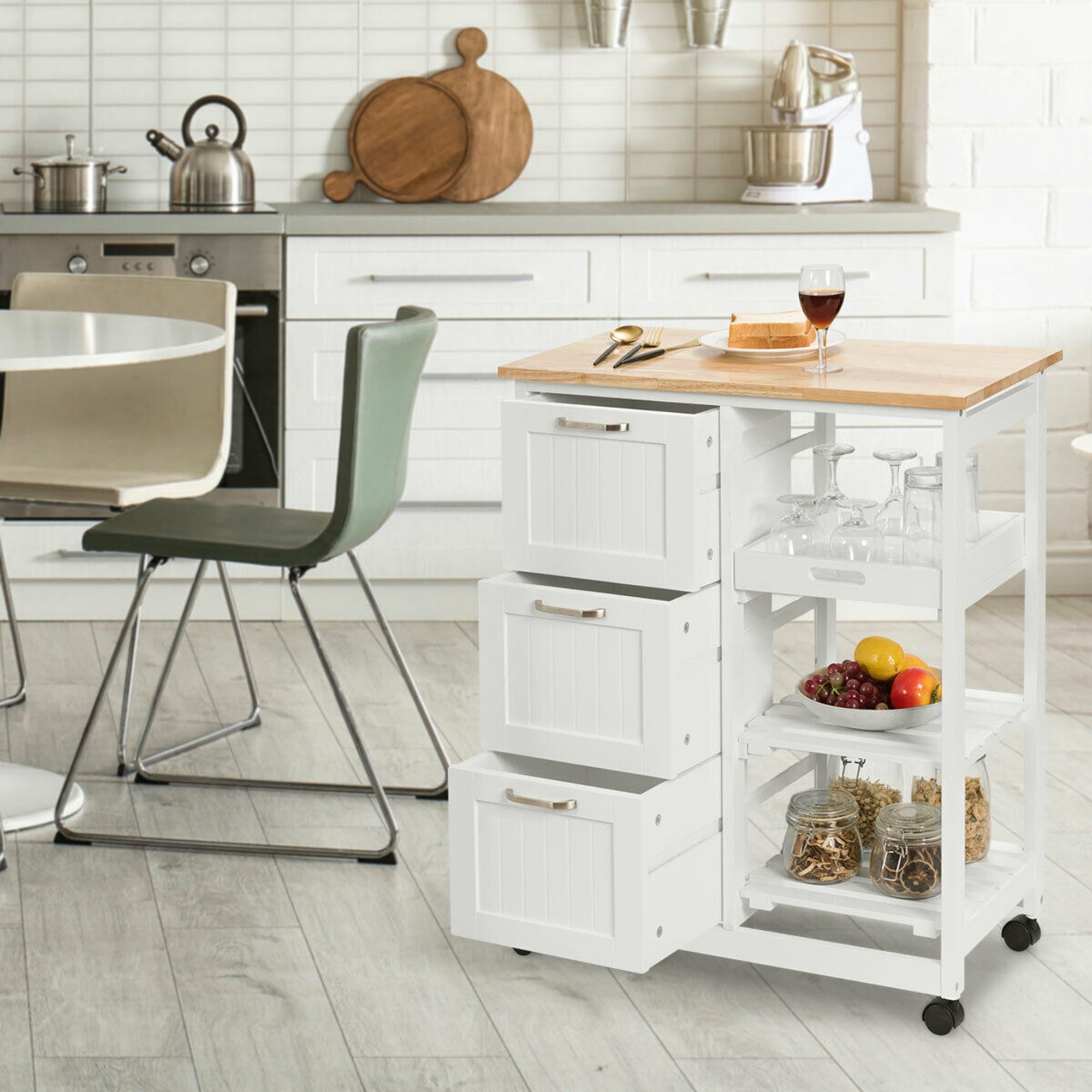 Gymax Rolling Kitchen Island Utility Storage Cart w/ 3 Storage Drawers and Shelves White