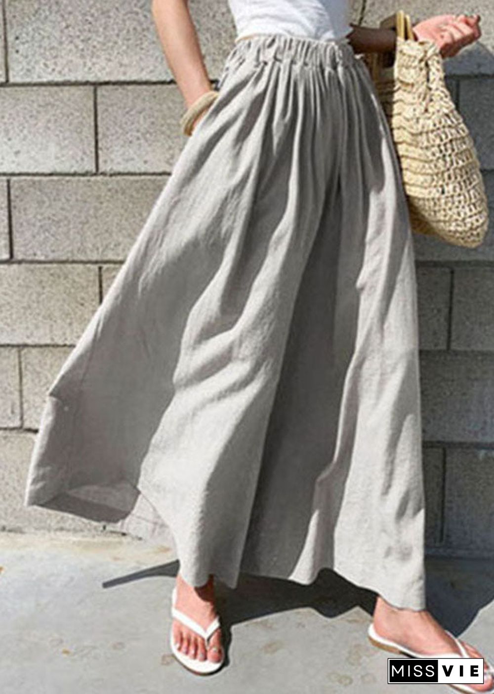 Women Khaki Elastic Waist Solid Color Cotton Wide Leg Pants Summer