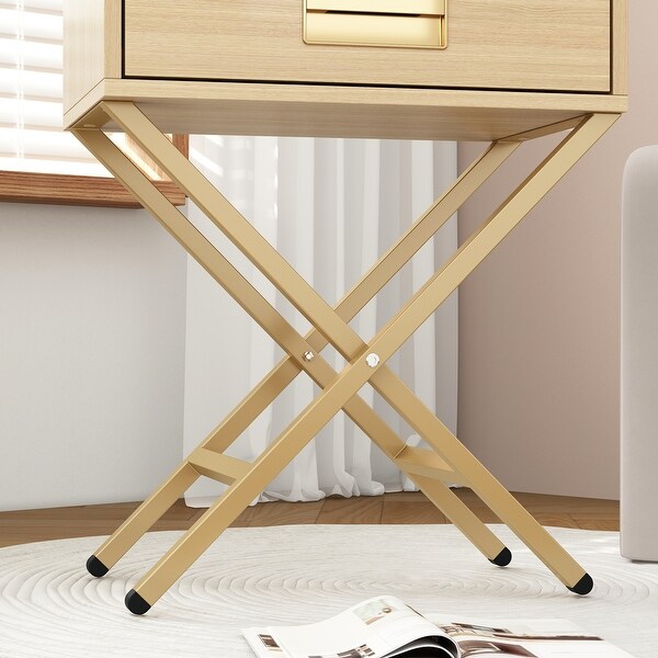 Contemporary Yellow Wood Side Table with Drawer and Wooden XLegs