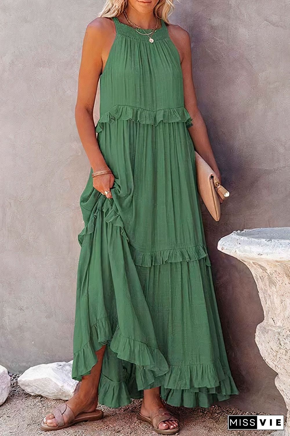 Ruffle Trim Shirred Tie Back Maxi Dress