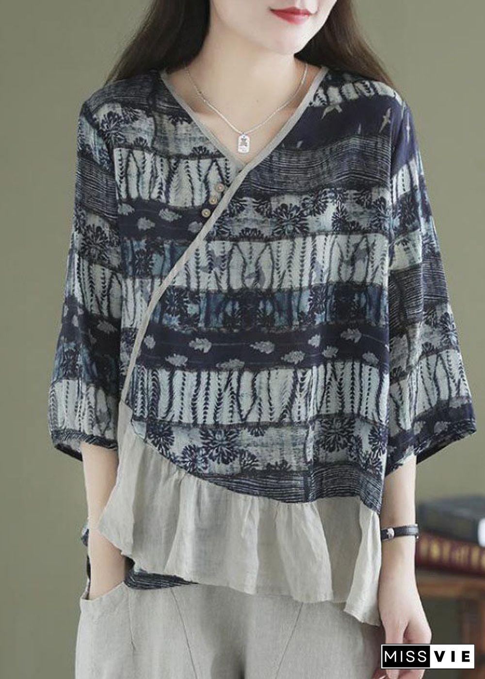 Loose Navy Asymmetrical Print Shirt Tops Half Sleeve