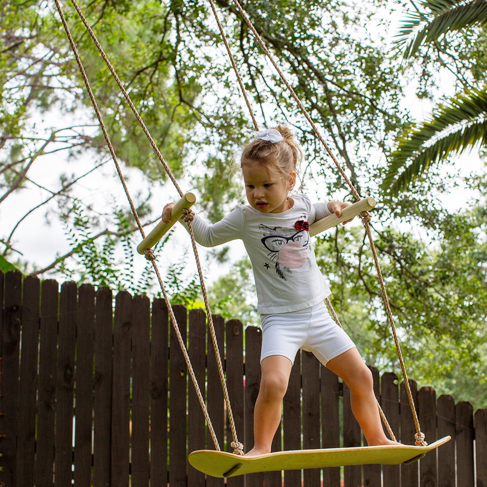 JumpTastic Wood Tree Swing Seat， Hanging Tree Skateboard Swing with Tree Strap and Carabinerfor Kids