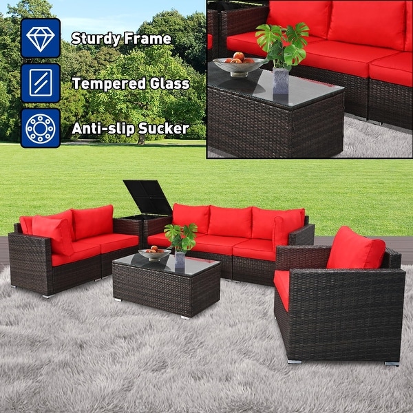 8Pieces Brown Wicker Outdoor Sectional Set with Glass Coffee Table