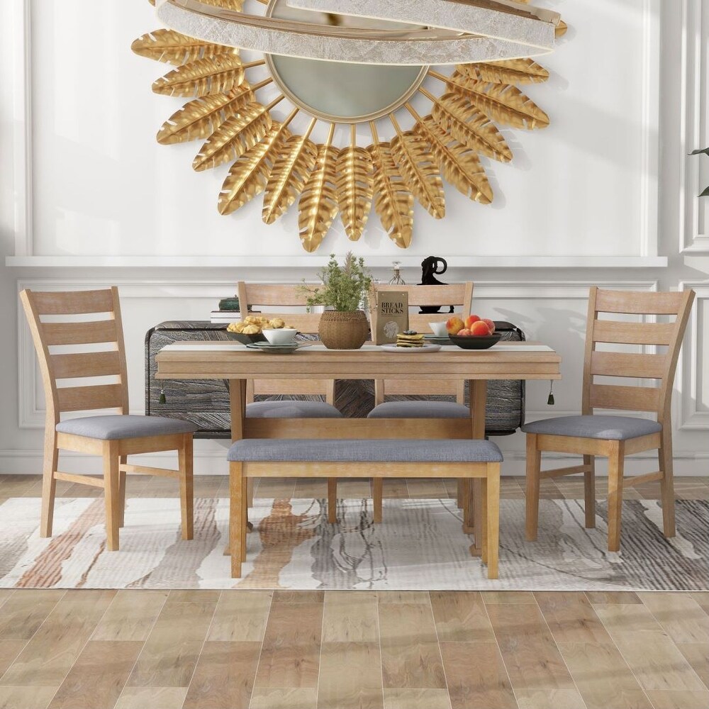 6 Piece Dining Table Set with Unique Legs and 4 Upholstered Chairs   1 Bench