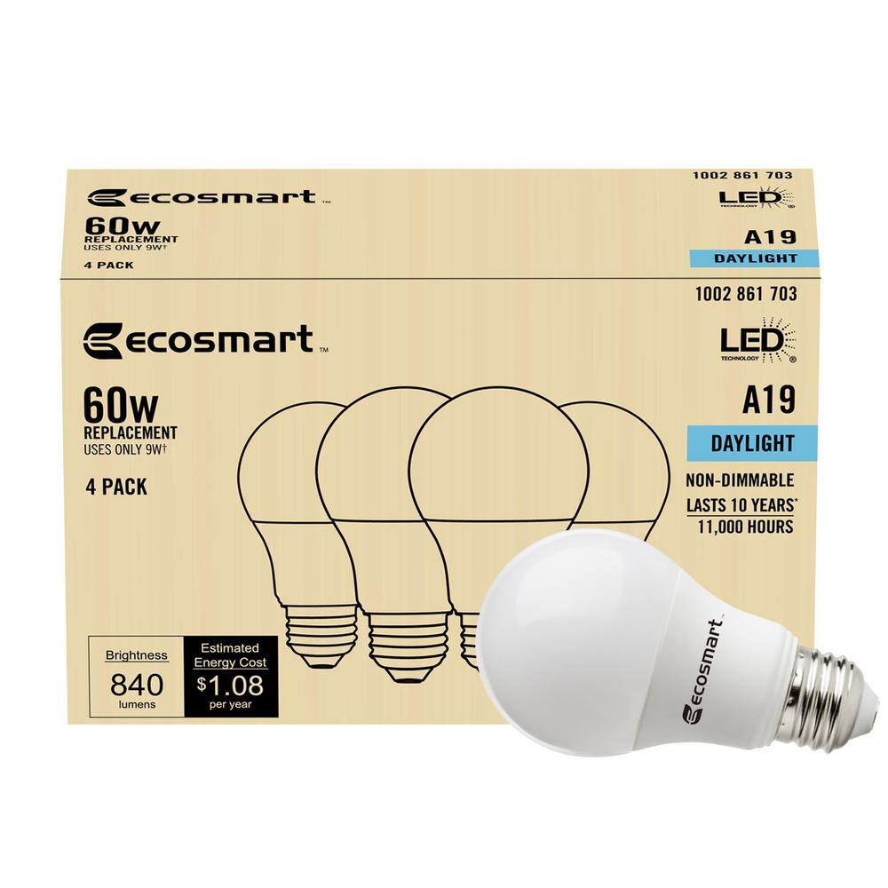 EcoSmart 60-Watt Equivalent A19 Non-Dimmable LED Light Bulb (5000K) Daylight (4-Pack) B7A19A60WUL34