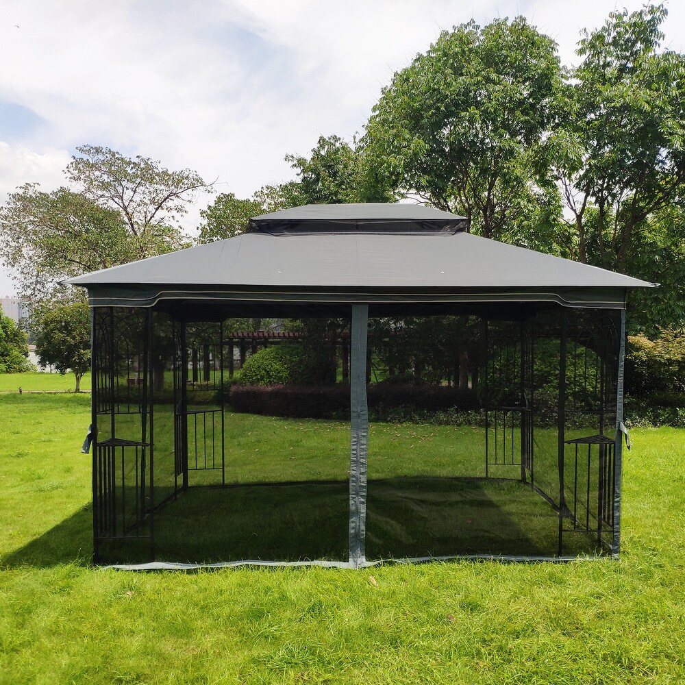 13' x 10' Outdoor Patio Garden Gazebo Canopy  Outdoor Shading with Steel Roof  2 Tier Roof Gazebo Tent With Curtains