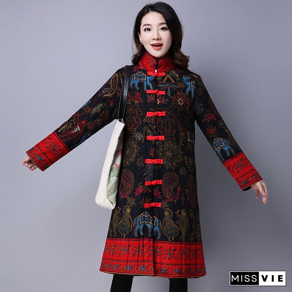 Women Coat Chinese Jacket Long Loose Qipao Lined Cheongsam Puffer Frog Ethnic present