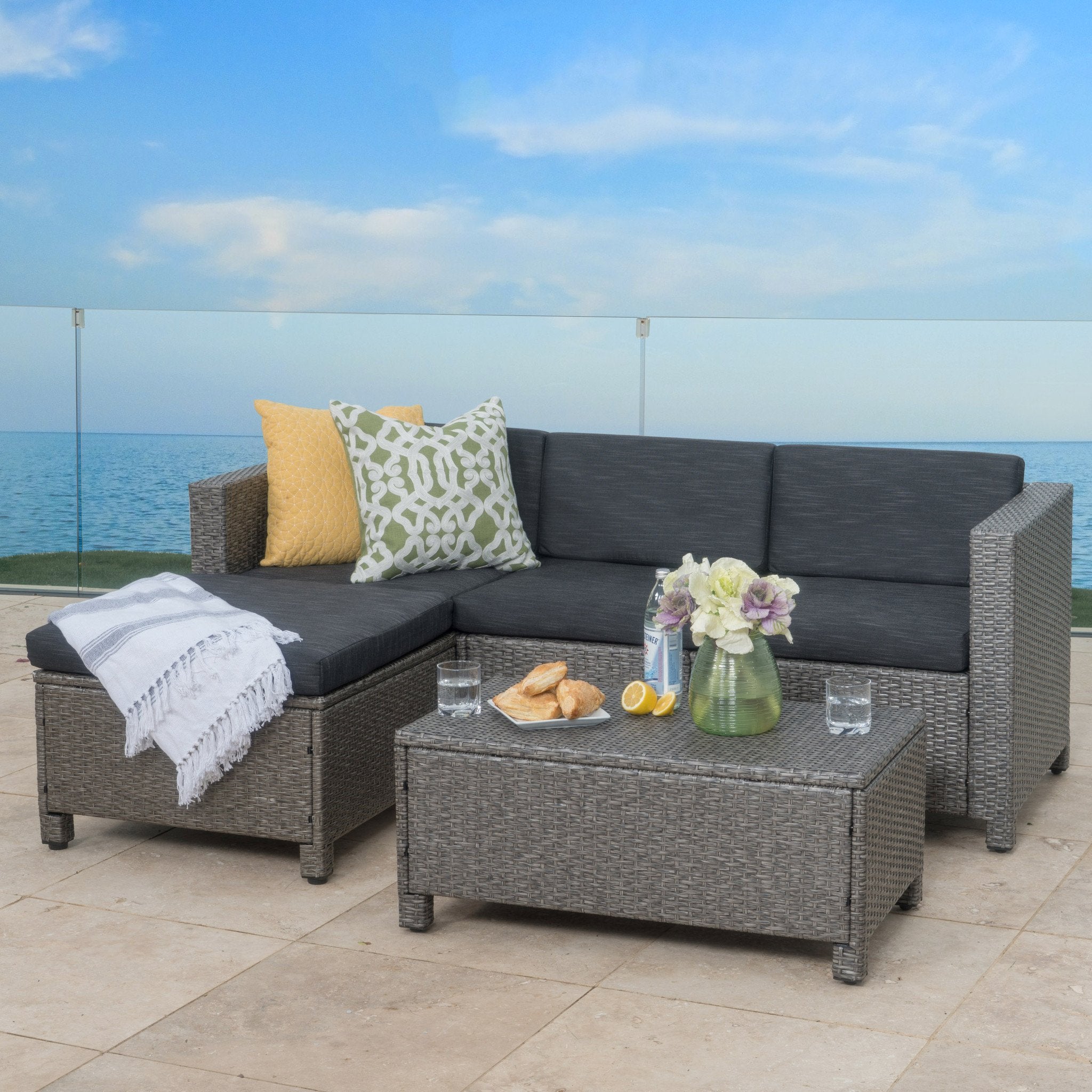 Lorita Outdoor 5-piece Grey Wicker Sectional Sofa Set with Black Cushions