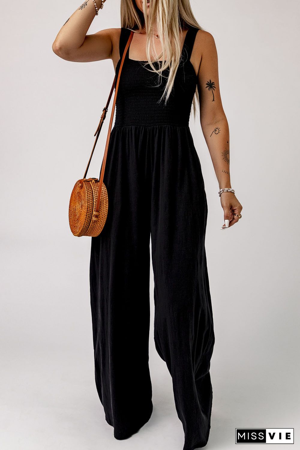 Black Smocked Sleeveless Wide Leg Jumpsuit with Pockets