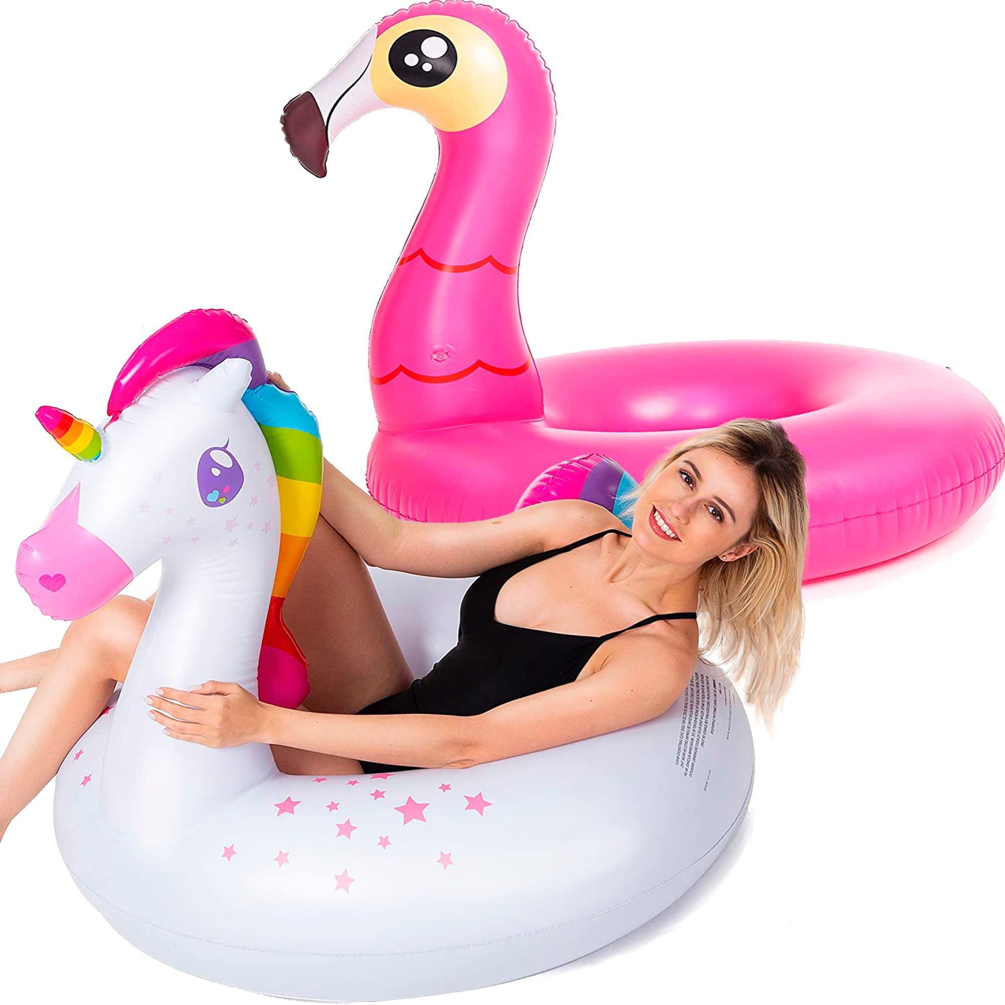 2 Pack Inflatable Flamingo and Unicorn Pool Float Fun Beach Floaties, Swim Party Toys, Summer Pool Raft Lounger for Adults & Kids (Inflates to Over 4ft. Wide)