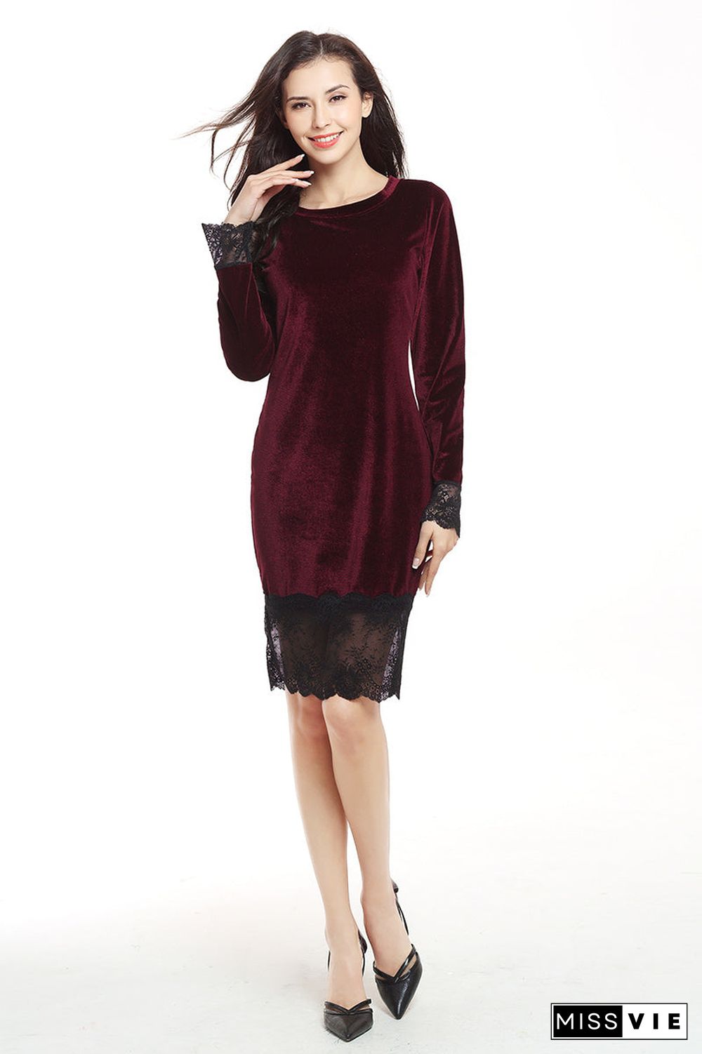 Sexy Lace Panel Velvet Bodycon Dress