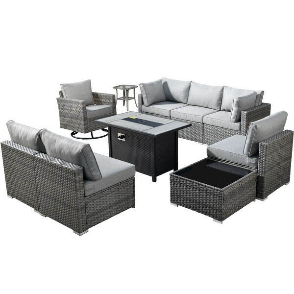 HOOOWOOO 10piece Patio Wicker Furniture Sectional Sofa Set Swivel Rocker with Fire Pit Table