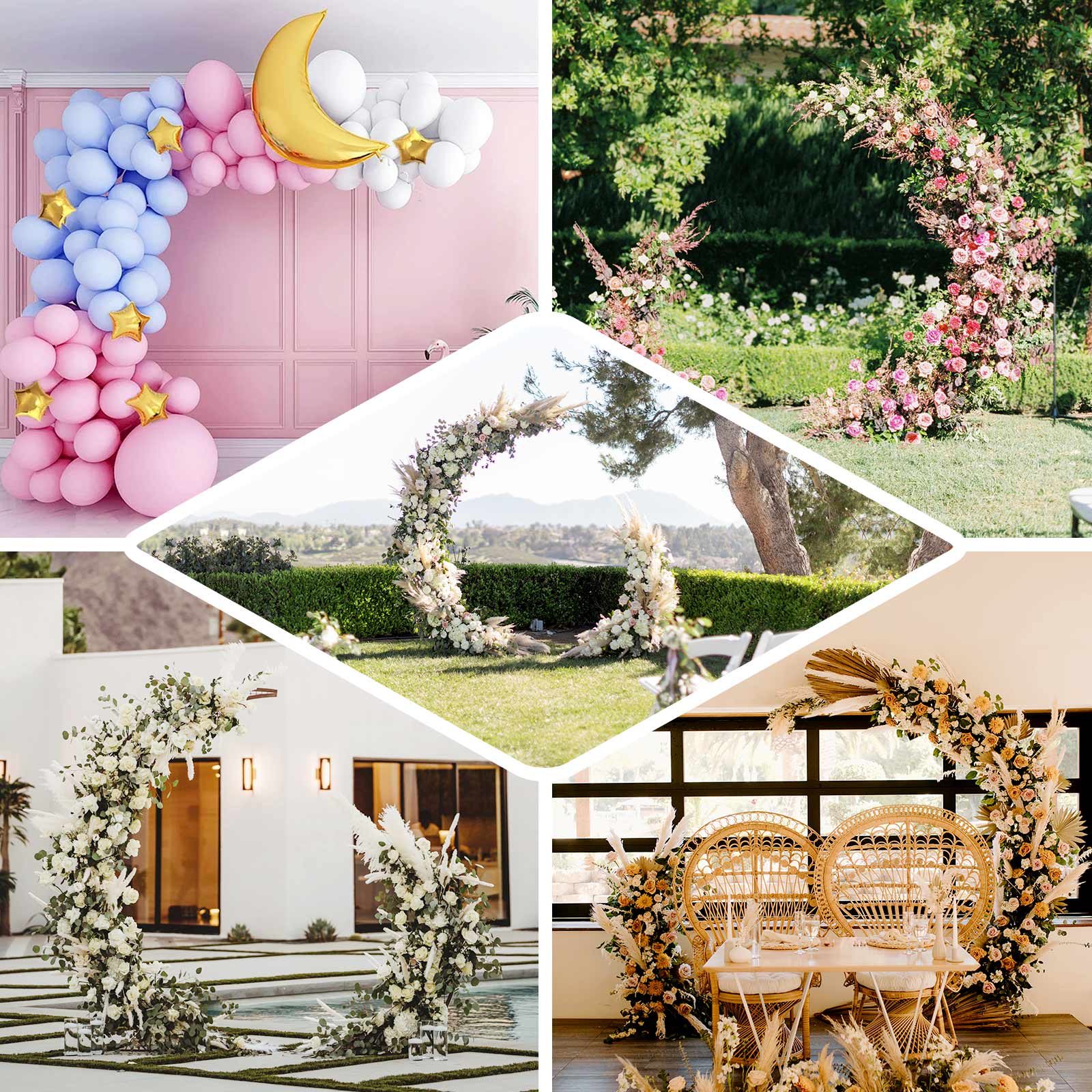 Gold Metal Half Crescent Moon Wedding Arch Flower Stand, Curved Arbor Balloon Frame 6.5ft