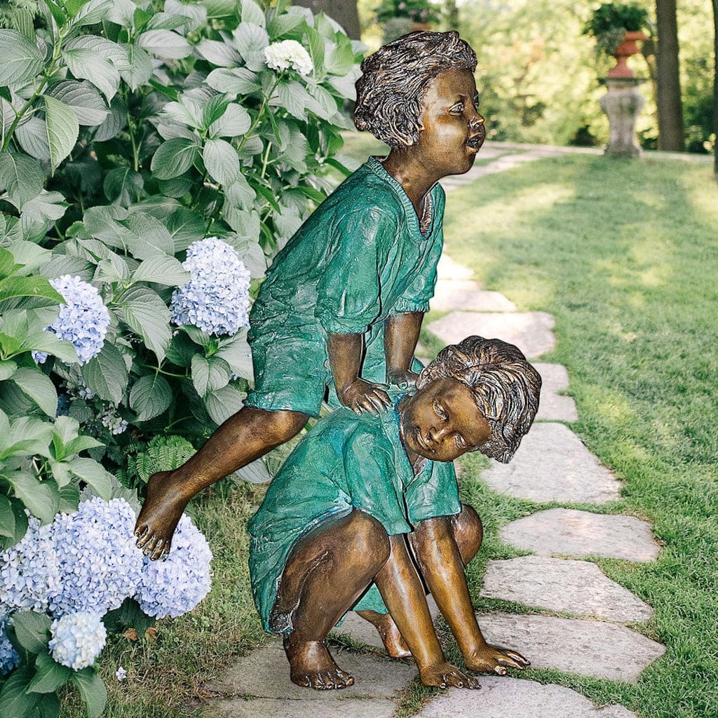 Leap Froggin Playing Boys Cast Bronze Garden Statue