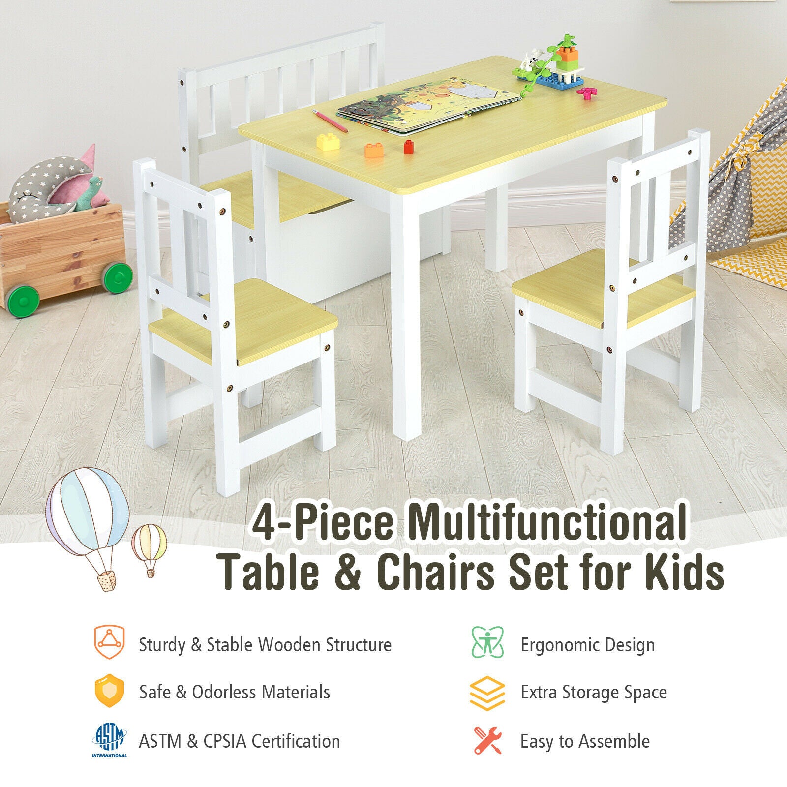 4 PCS Kids Wooden Activity Table & Chairs Set w/Storage Bench Study Desk