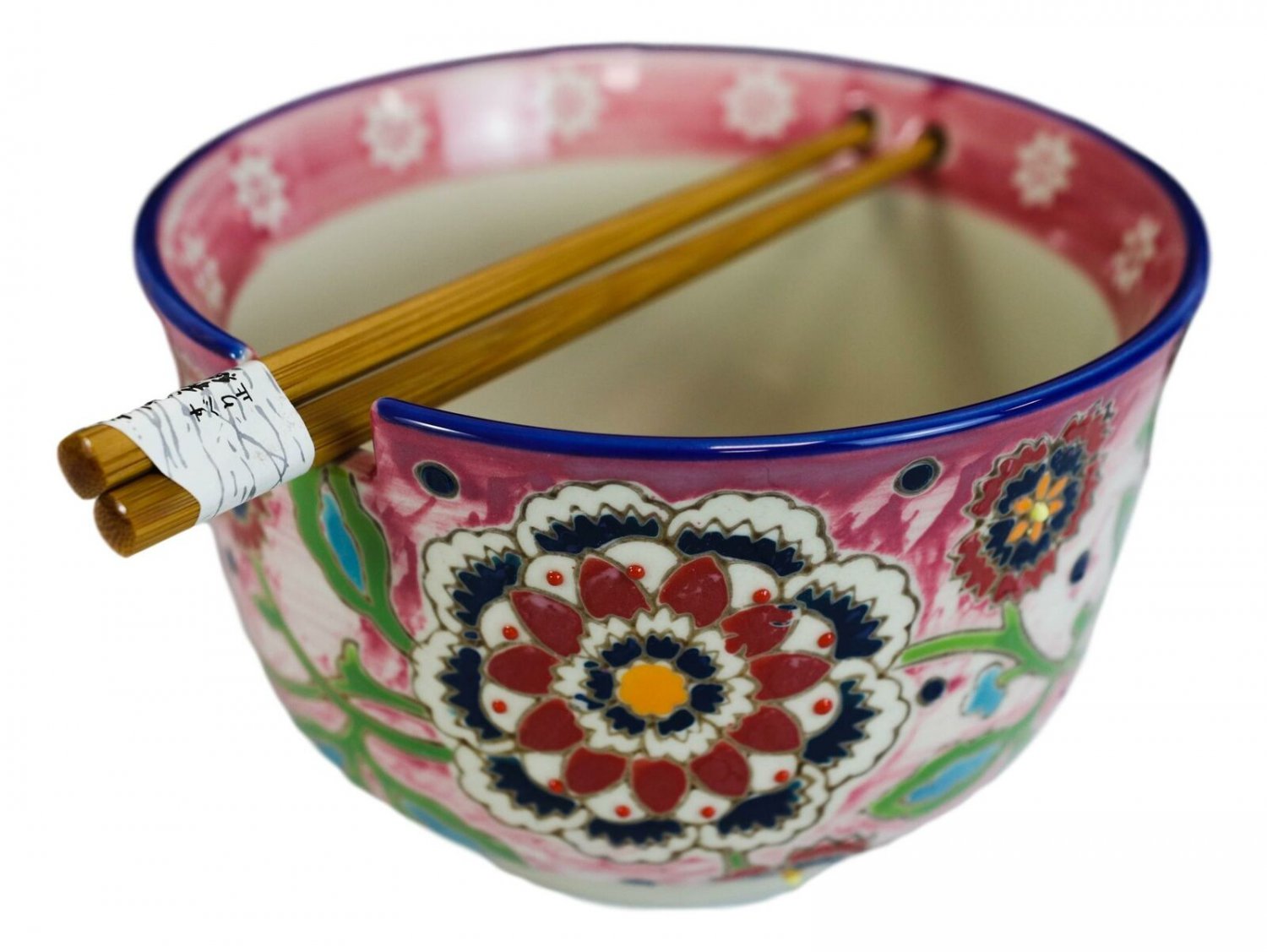 1 Floral Pink Polkadot Art Splash Ramen Noodles Soup Large 6D Bowl W/ Chopsticks EBR02