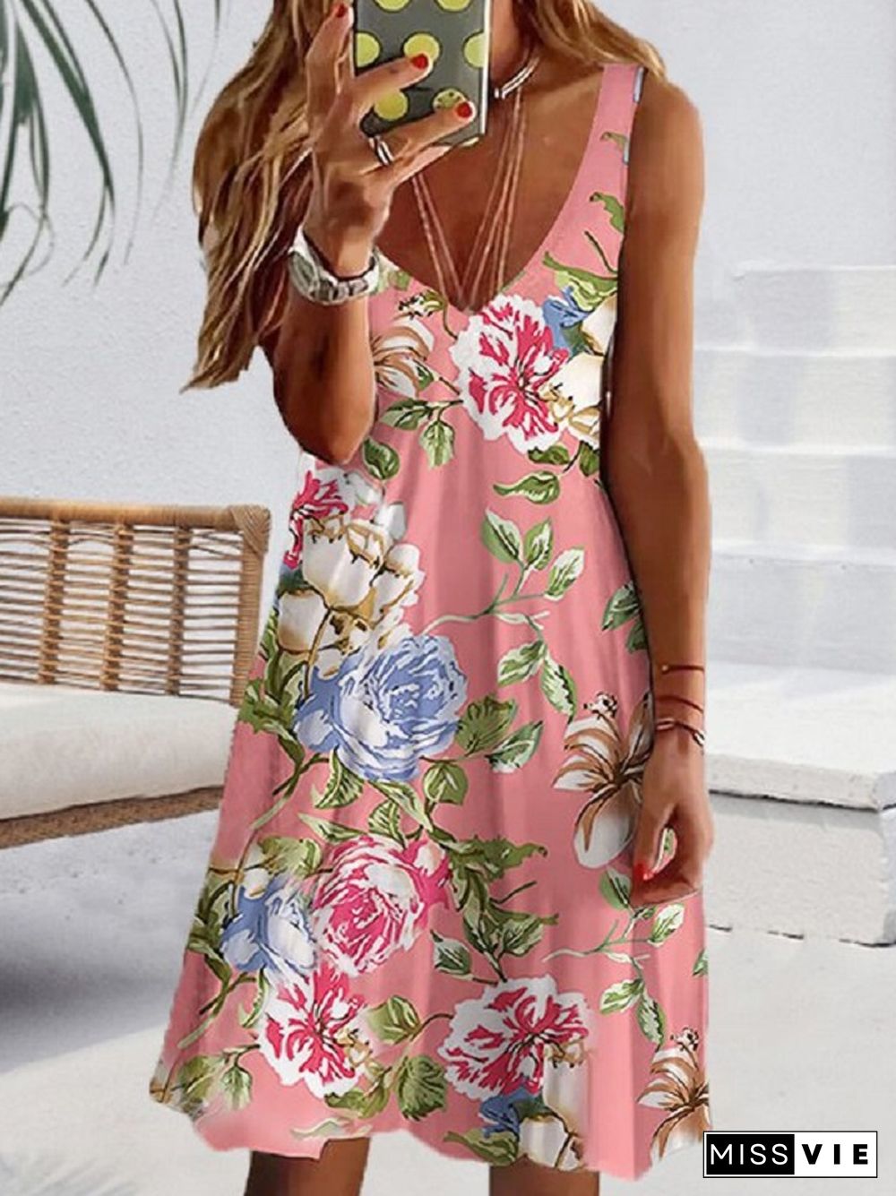 Casual V-neck Loose Flower Sleeveless Dress