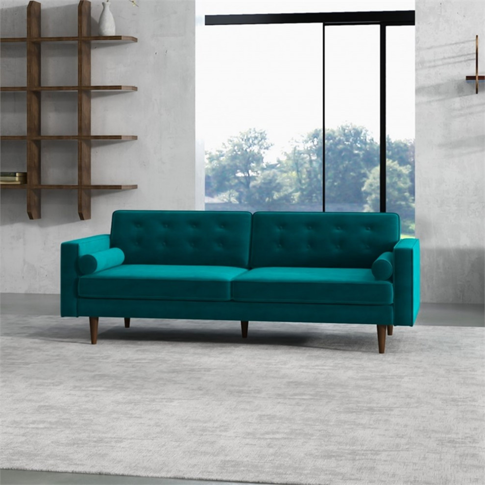 Madoc Mid Century Upholstered Tufted Back Turquoise Velvet Sofa   Midcentury   Sofas   by Homesquare  Houzz