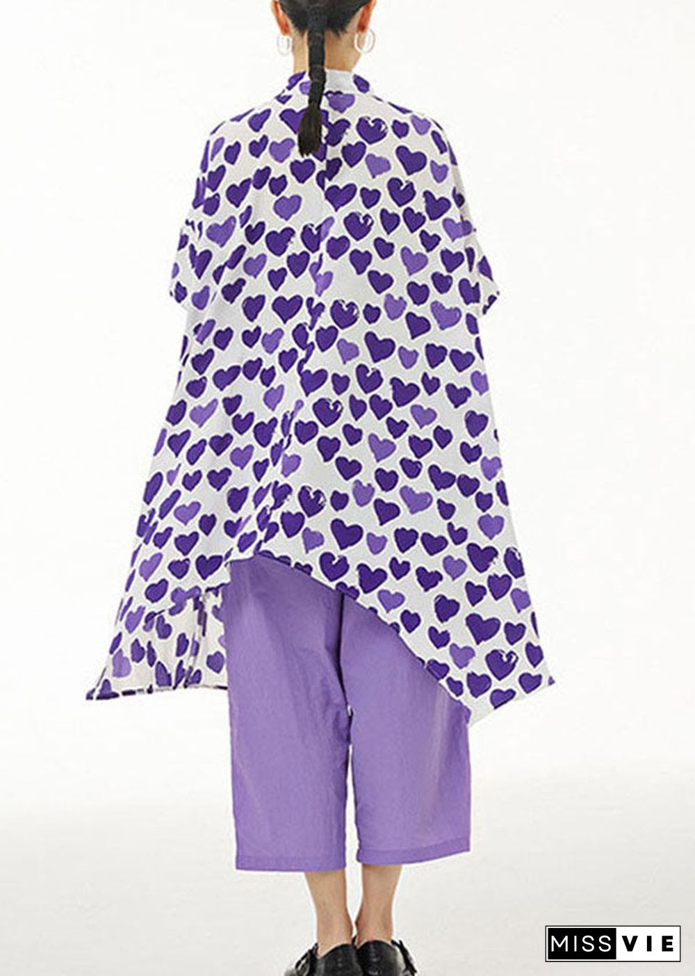 Purple Print Chiffon Shirt Tops Asymmetrical Design Summer