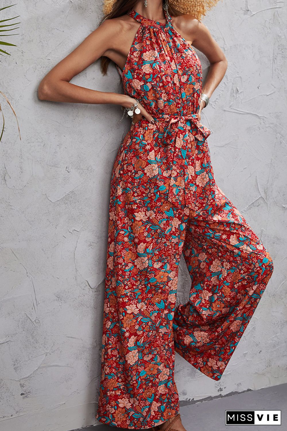 Boho Floral Print Halter Sleeveless Jumpsuit Wholesale