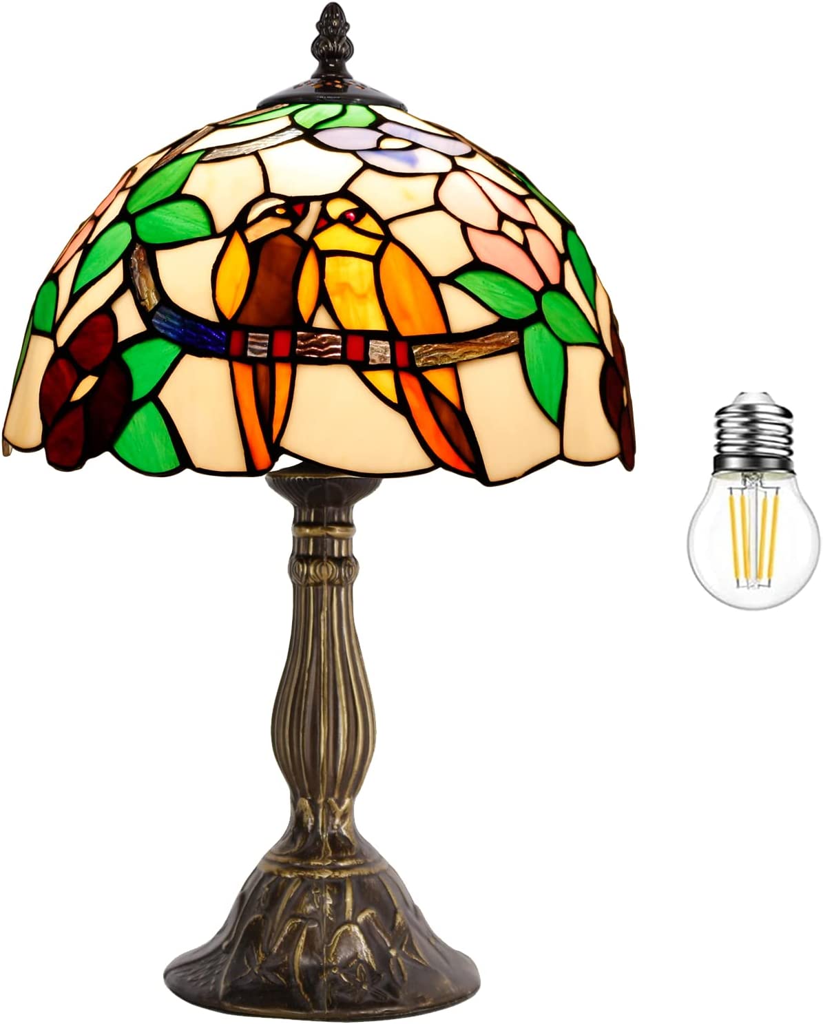 SHADY Tiffany Table Lamp Stained Glass Bedside Lamp Double Tropical Birds Desk Reading Light 12X12X18 Inches Decor Bedroom Living Room Home Office S803 Series