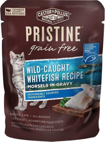 Castor and Pollux PRISTINE Grain-Free Wild-Caught Whitefish Recipe Morsels in Gravy Cat Food Pouches