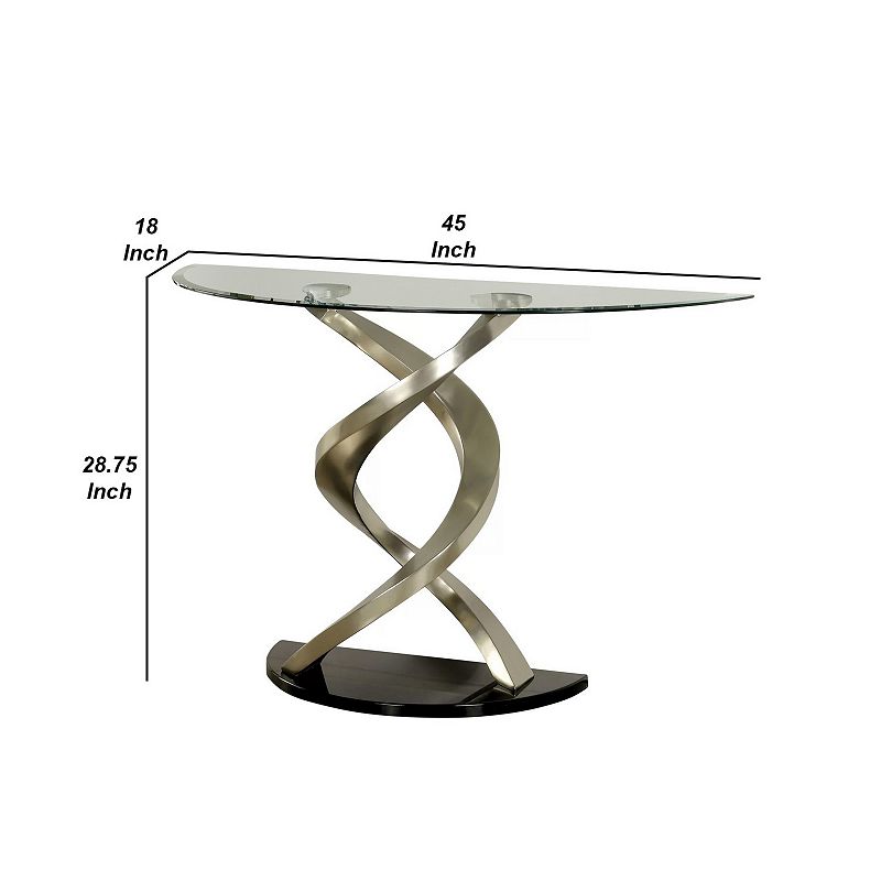 Sofa Table with Twisted Metal Base and Semi Circular Glass Top， Silver