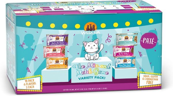 Weruva Classic Paté， The Mix and Match Game Variety Pack Wet Cat Food， 3-oz， 18 pack