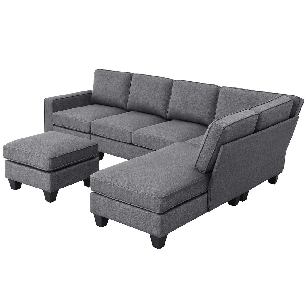 7 Seat Sectional Sofa Linen Fabric Couch Set with Ottoman