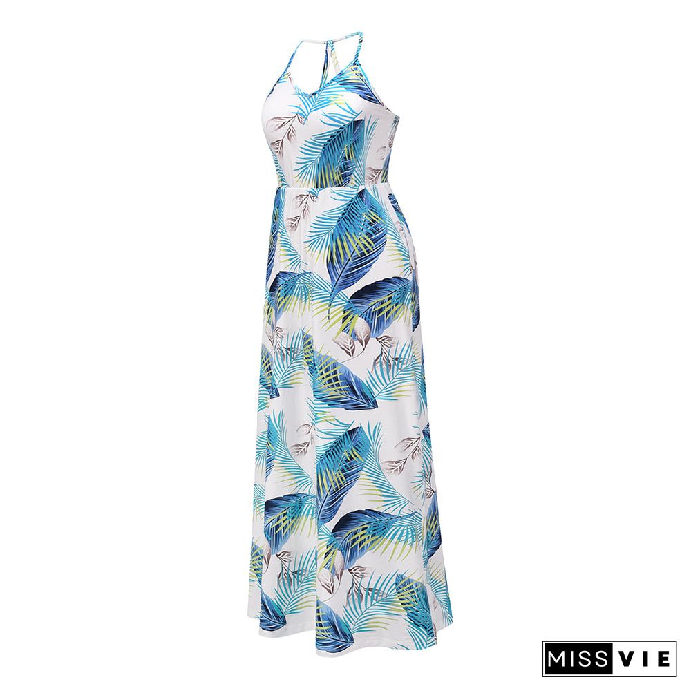 Sphaghetti Strap Leaf Print V Neck Long Beach Dress