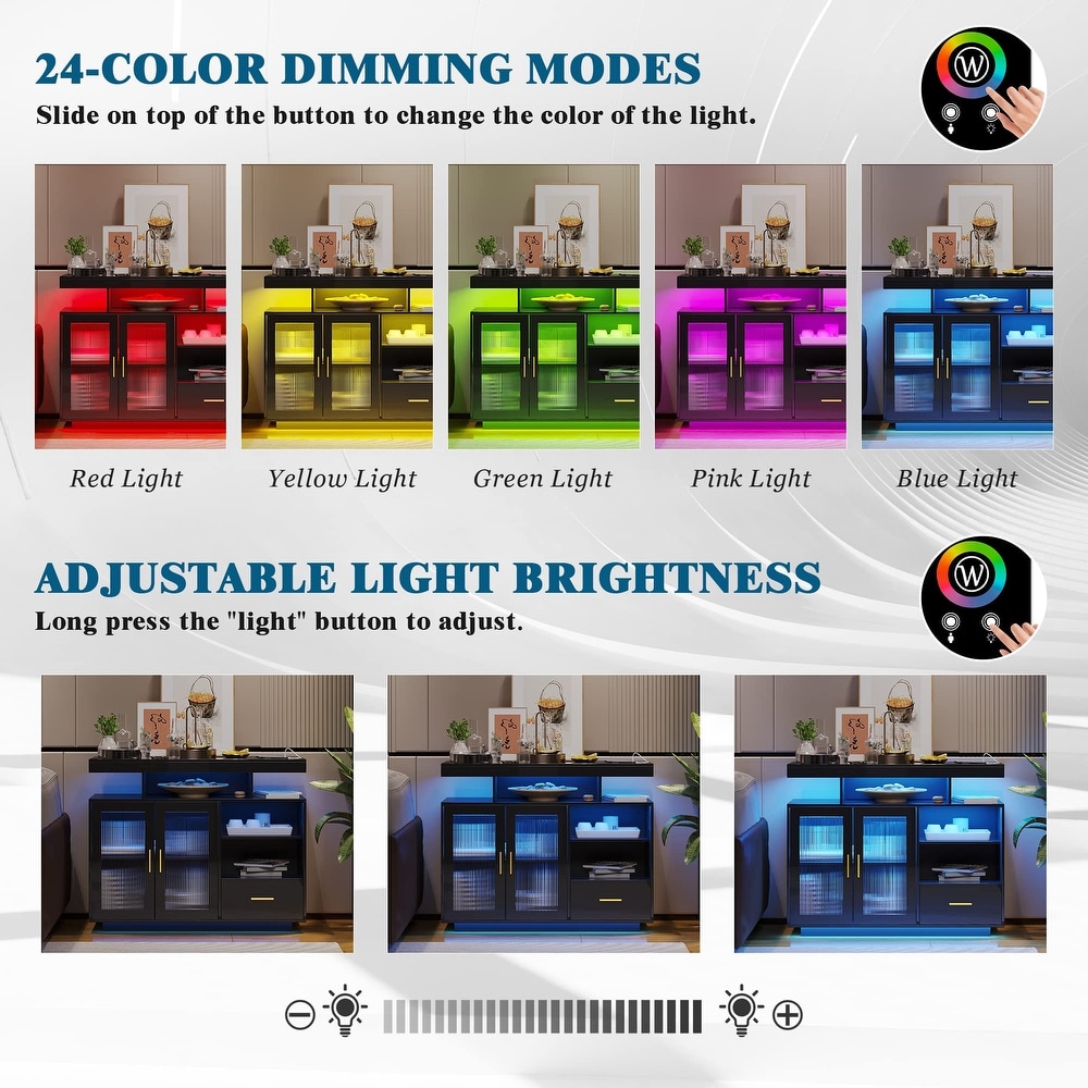 Modern LED Sideboard Buffet Cabinet with Charging Station  Cupboard with Body Sensor Light  Coffee Bar Cabinet with Panel