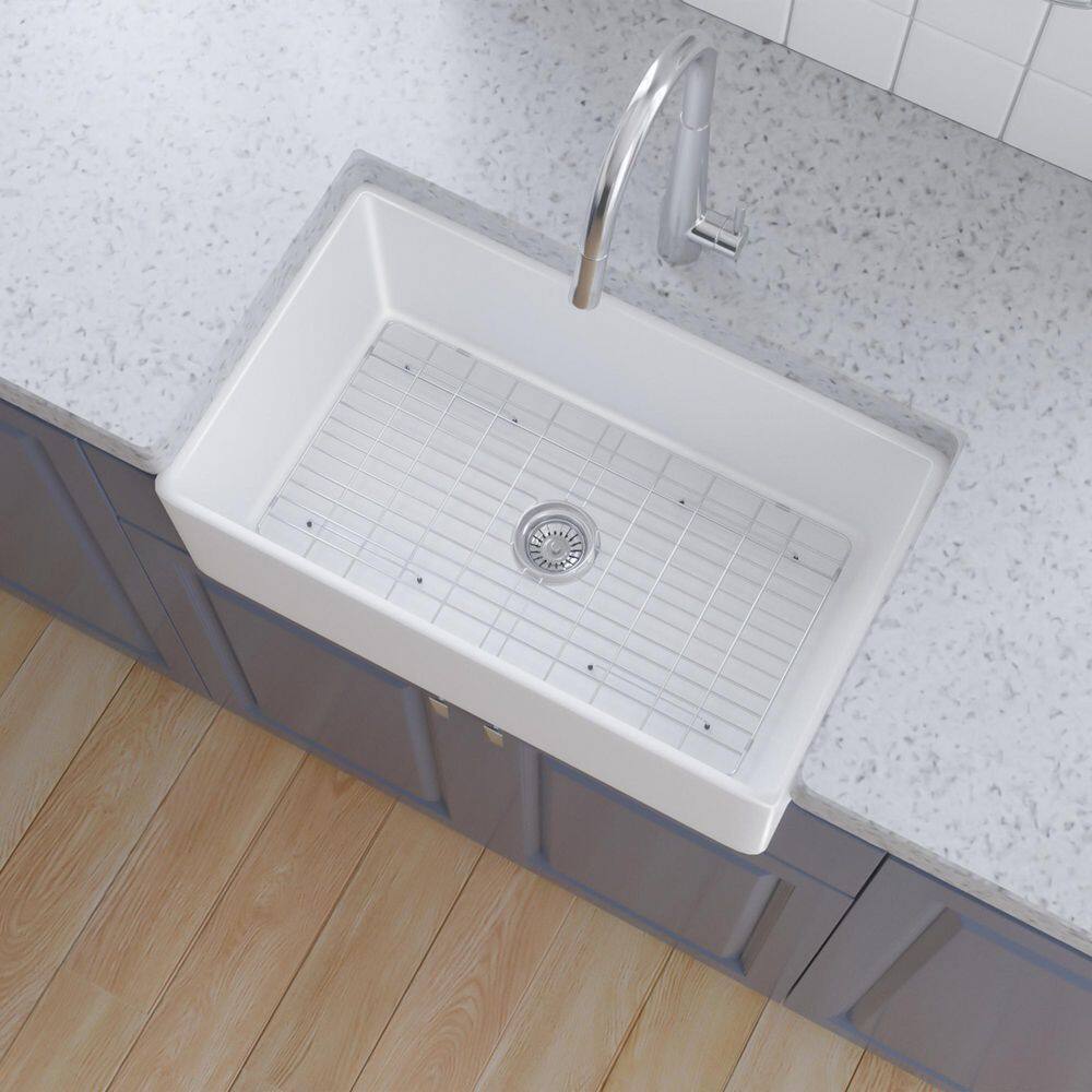 JimsMaison White Fireclay 30 in. Single Bowl Farmhouse Apron Kitchen Sink with Bottom Grid JMAWKS02-3020