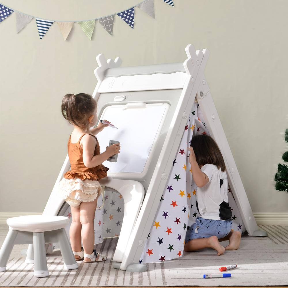 4-in-1 Kids Play Tent with Stool and Climber in Gray LN20232787