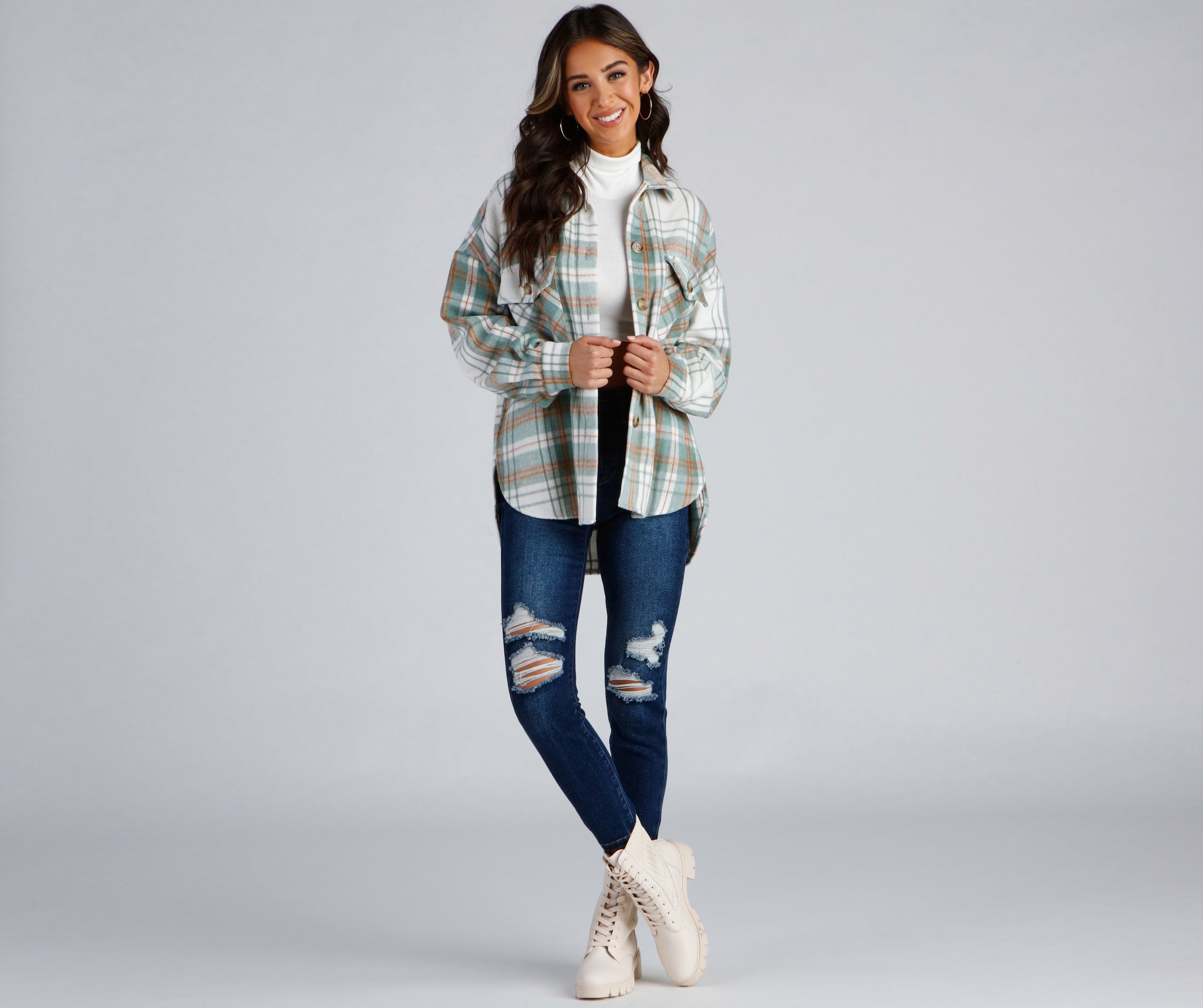 Keeping Knit Casual Plaid Shacket