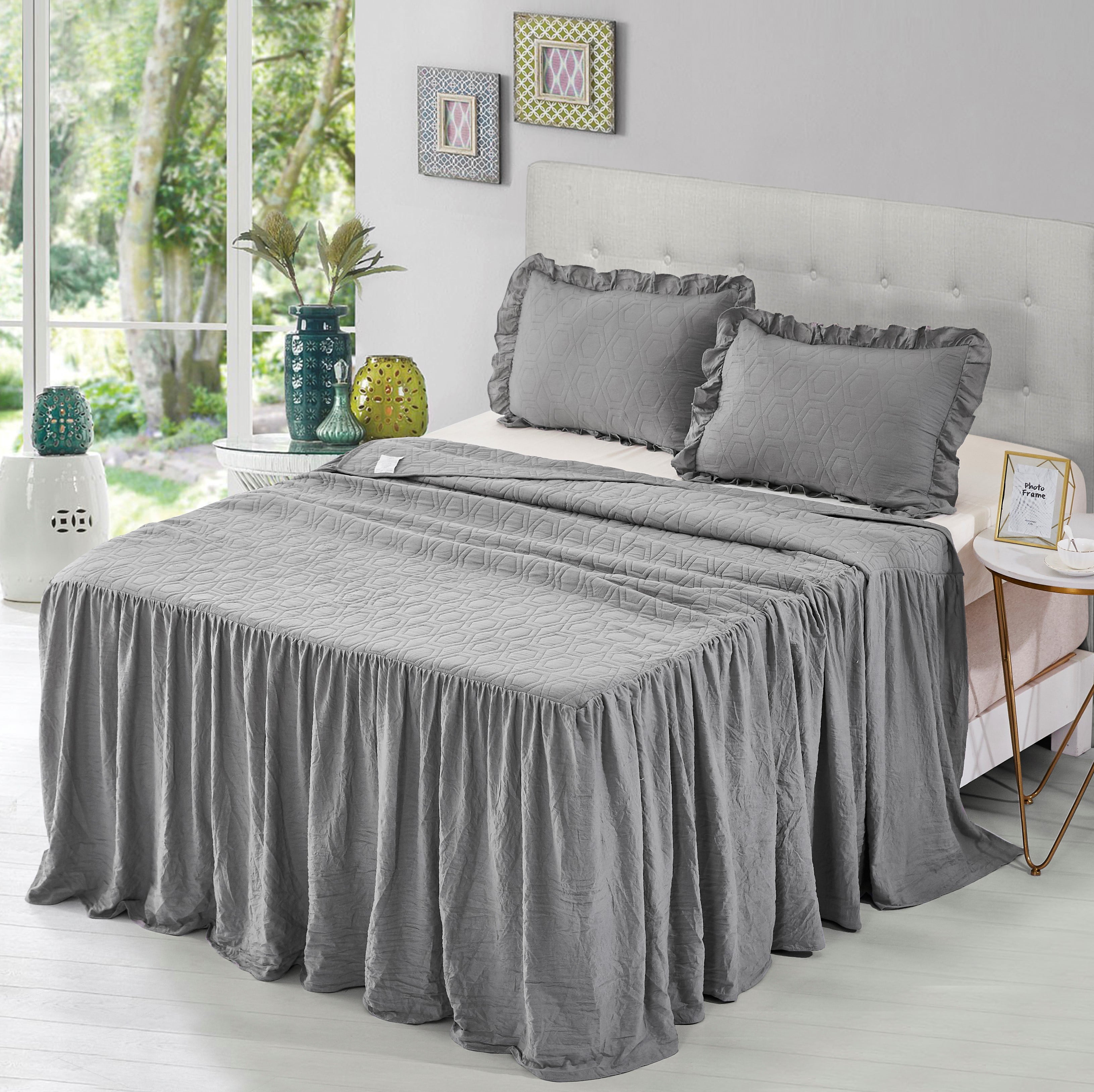 EleganHome Pinsonic Ruffle Skirt Quilt/Bedspread/Coverlet with 2 Shams Gray Color King Size