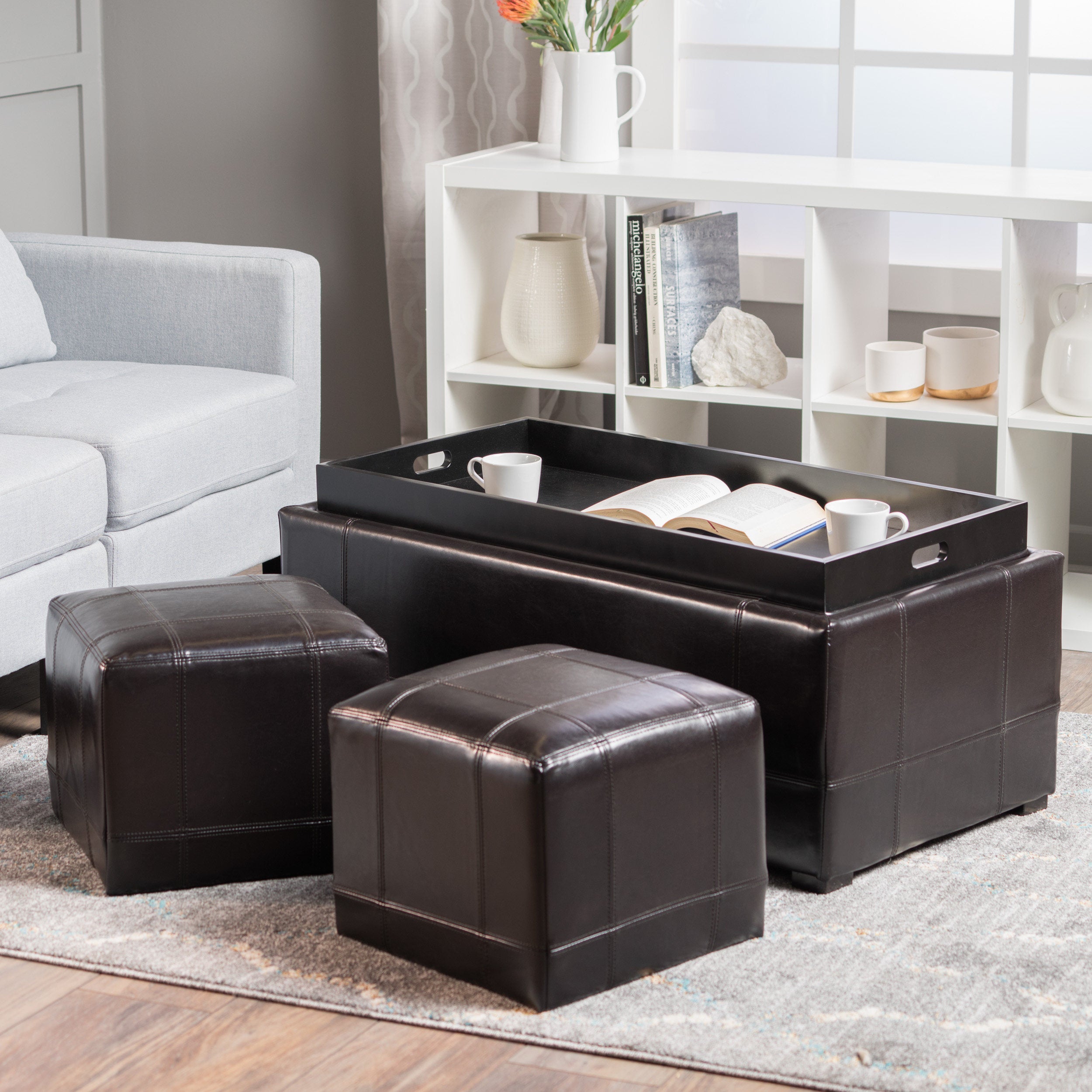 Five Brooks Espresso Brown Leather Ottoman Set (Set of 3)