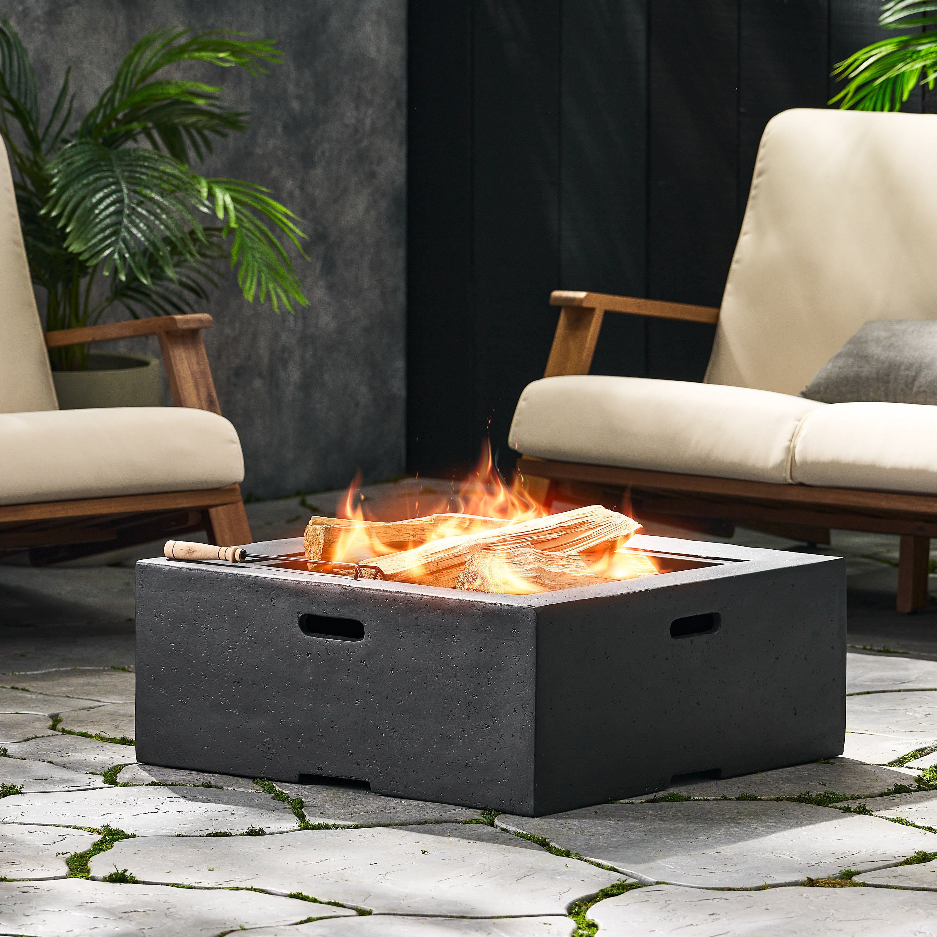 Aruda Outdoor Lightweight Concrete Wood Burning Square Fire Pit, Dark Gray