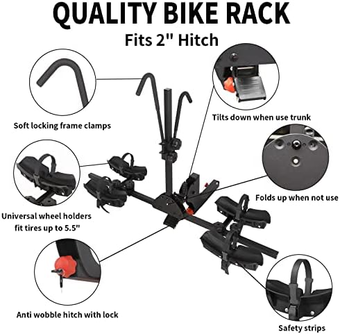 2 E Bike Rack Hitch Mounted, Wobble Free Smart Tilting Folding 2 Bicycle Electric Bike Racks, 2 Hitch Fits Up to 150 lbs Capacity with Up to 5.5 Fat Tires for Car, SUV, Trucks