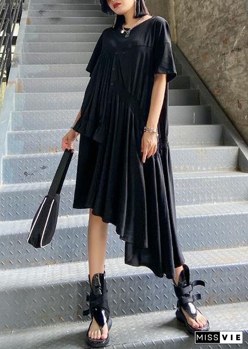 Women black Tunics o neck Cinched Maxi asymmetric Dress