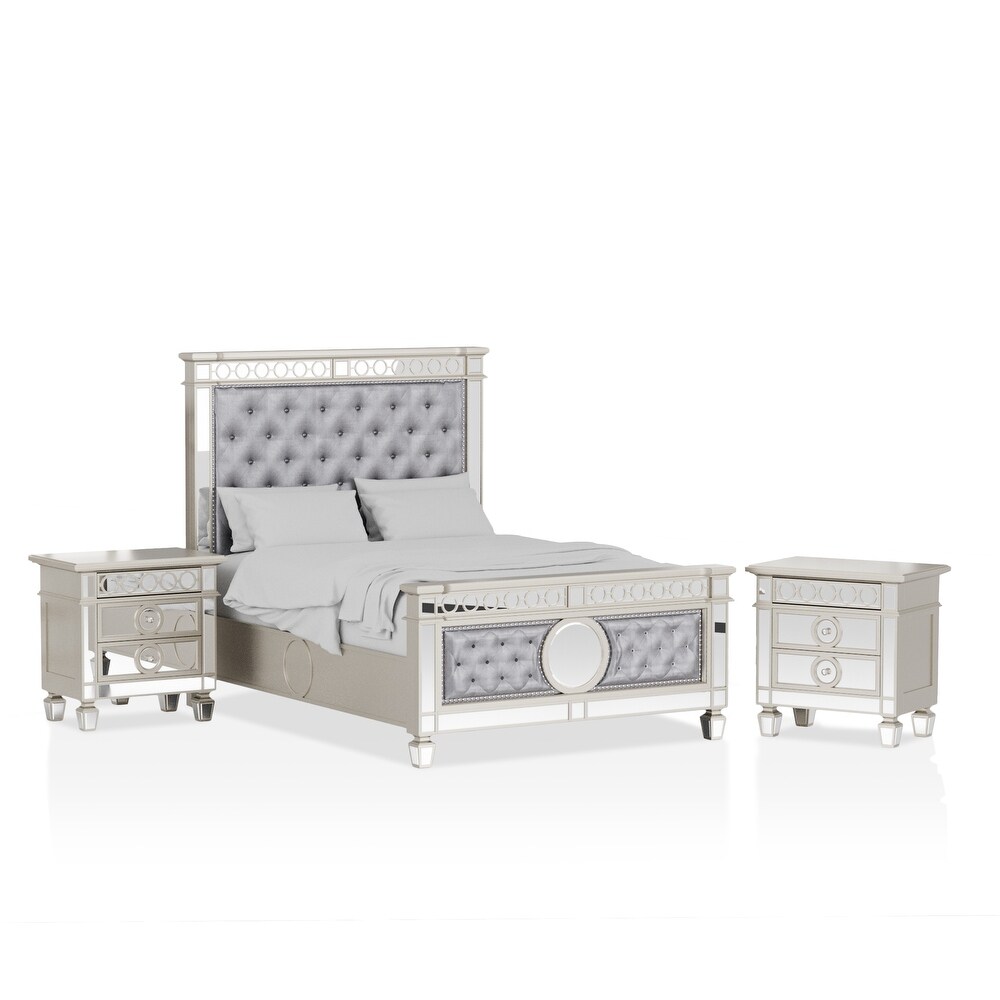 Alyah Glam Grey Wood 3 Piece Tufted Panel Bed and Nightstands Set with USB by Furniture of America