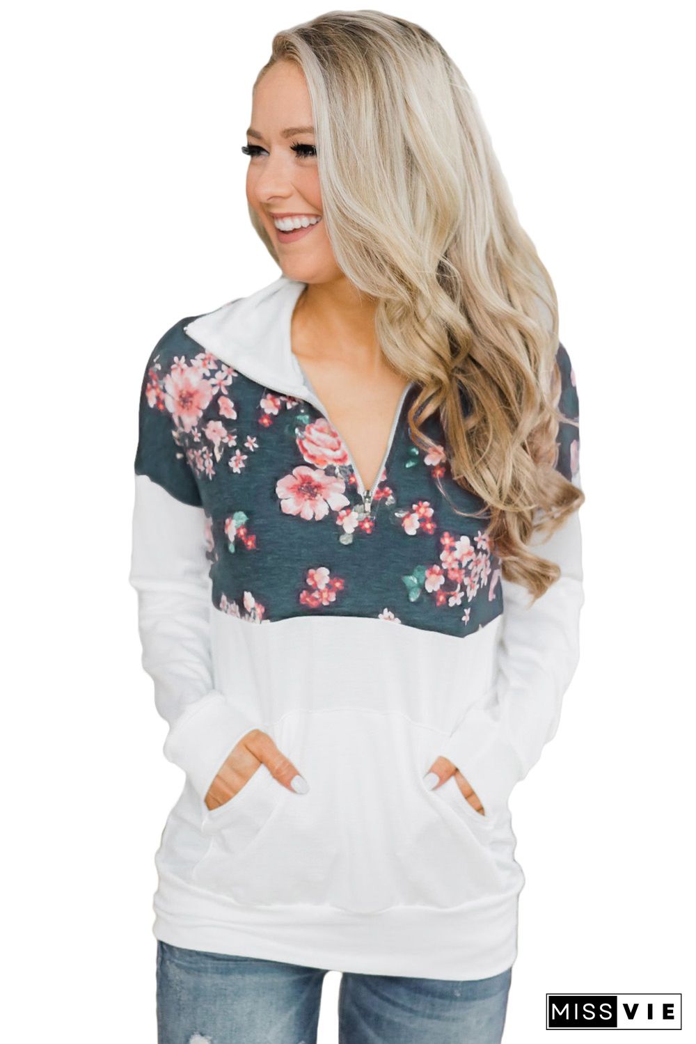 Floral Splice White Kangaroo Pocket Zip Collar Sweatshirt