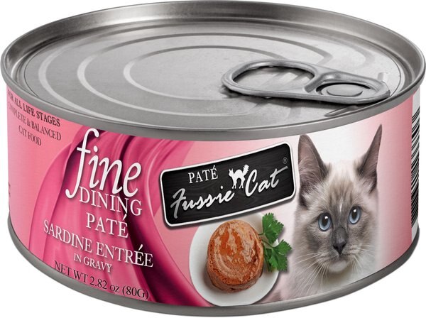 Fussie Cat Fine Dining Pate Sardine Entrée Wet Cat Food， 2.82-oz can， case of 24