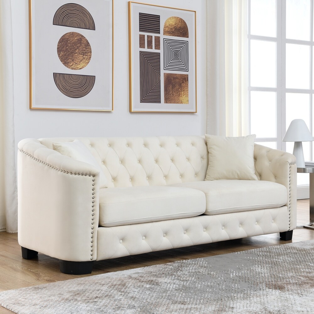 3 seat Sectional Sofa Sets Velvet Loveseat Sofa Button Tufted Lounge Sofa with Pillows and Nailhead Arms for Living Room  Beige