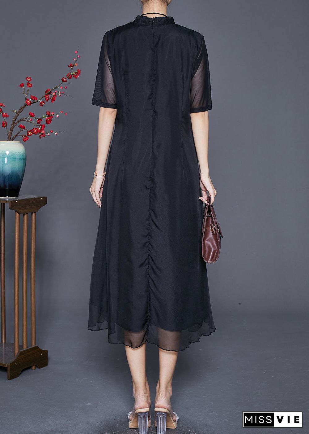 Elegant Black Mandarin Collar Patchwork Print Chiffon Dresses Summer