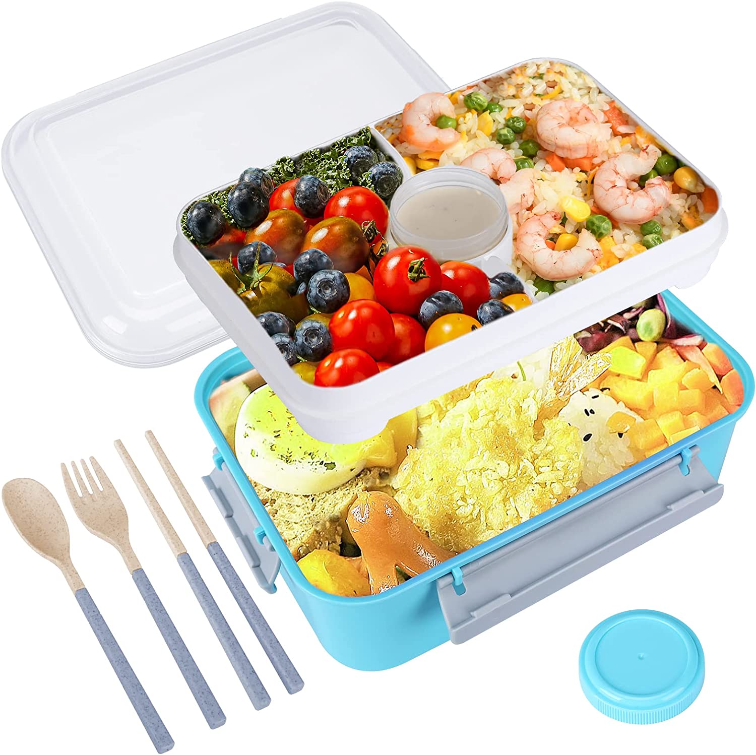 DANIA and DEAN Lunch Container Bento Box， Large 54-oz Salad Bowl lunch box containers， Container to Go for Adult/Kid， BPA-Free (Blue)